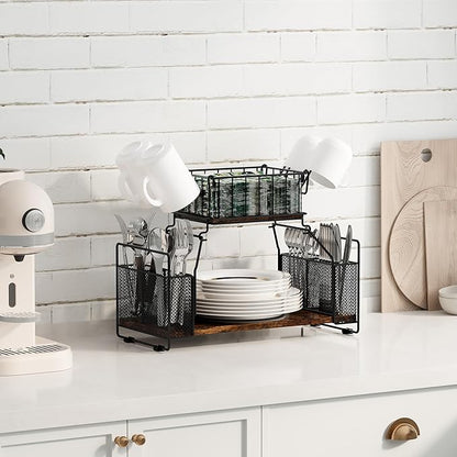 TQVAI Buffet Caddy, 2 Tier Countertop Paper Plate Organizer with Silverware Holder Mugs Hook Napkin Basket, Serving for Catering Supplies Buffet Display Hosting Thanksgiving Essentials, Black/Antique