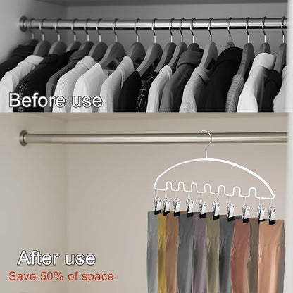 Legging Organizer for Closet,Metal Wave Design Pants Hanger with 10 Clips 7 Hooks, Closet Storage for Pants, Skirts, Hats (White, 4Pack)