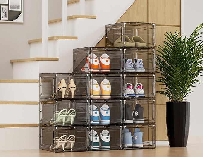 HOMIDEC Shoe Storage, 8 Pack Shoe Organizer Hard Plastic Shoe Box, Shoe Boxes Clear Plastic Stackable, Shoe Boxes with Lids for Size 13
