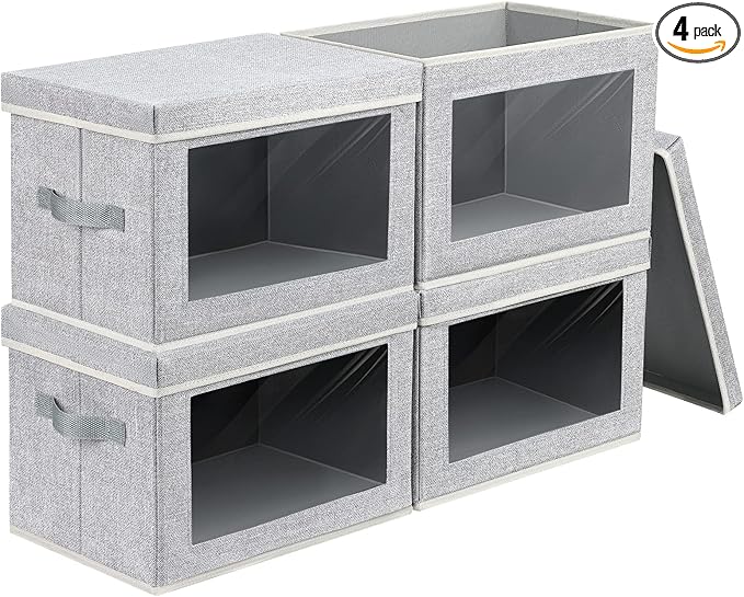 Homsorout Fabric Storage Bins with Lids, Large Storage Cubes with Window, Fabric Storage Baskets Bins for shelves, Closet Storage Boxes for Clothes, Towel, Office, 4 Packs, Blended