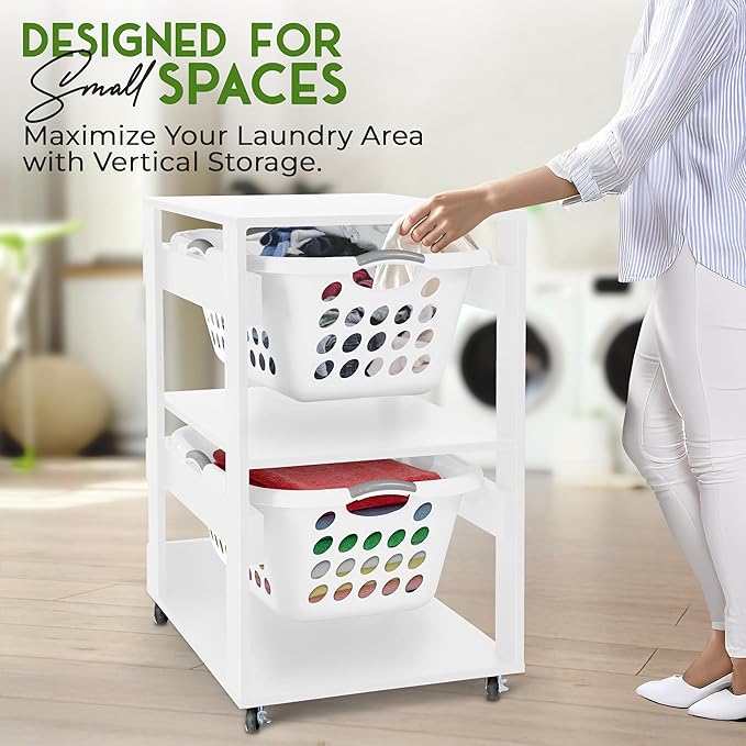 Laundry Basket Holder Shelf – Stackable Engineered Wood Laundry Tower with Wheels, Tiered Laundry Hamper Organizer for Bathroom, Bedroom, Closet (White, 2 Tier)
