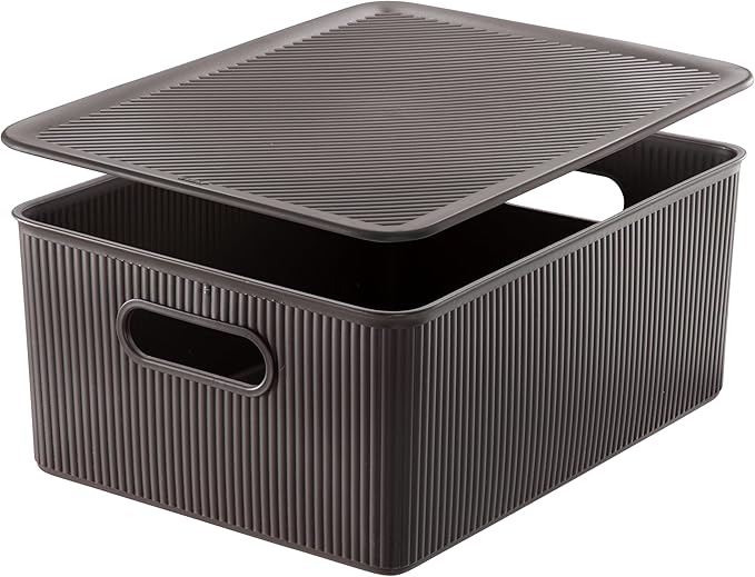 Decorative Plastic Basket Lidded Home Storage Bins Organizer Baskets, Large Brown (1 Pack - 15 Liter) Stackable Container Box, for Organizing Closet Storage Bins for Shelves - Ribbed Collection