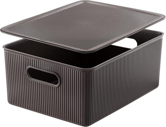 Decorative Plastic Basket Lidded Home Storage Bins Organizer Baskets, Large Brown (1 Pack - 15 Liter) Stackable Container Box, for Organizing Closet Storage Bins for Shelves - Ribbed Collection