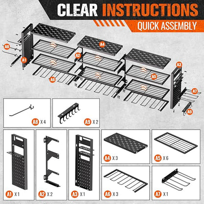 49.8" W Large Power Tool Organizer Wall Mount, Heavy Duty Tool Organizer with 14 cordless Drill Holder, 4 Layers Garage Organization and Storage Rack, Tool Rack for Garage Workshop, Black