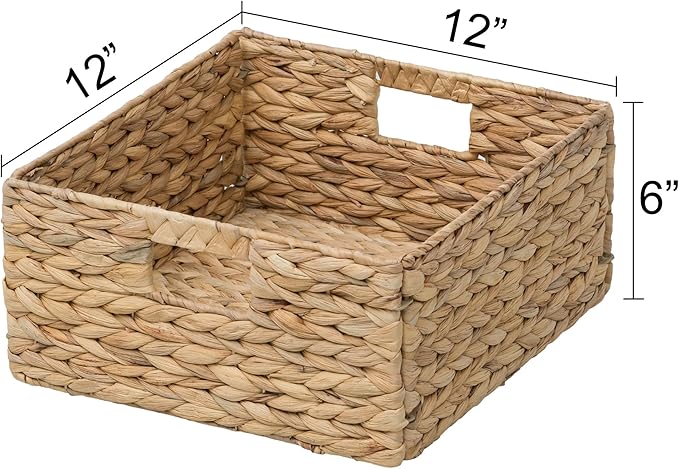 eHemco Large Square Woven Hyacinth Wicker Pantry Storage Baskets with Iron Wire Frame, 12"x12"x6", Natural, Set of 4