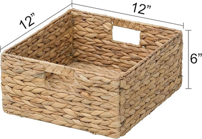 eHemco Large Square Woven Hyacinth Wicker Pantry Storage Baskets with Iron Wire Frame, 12"x12"x6", Natural, Set of 4