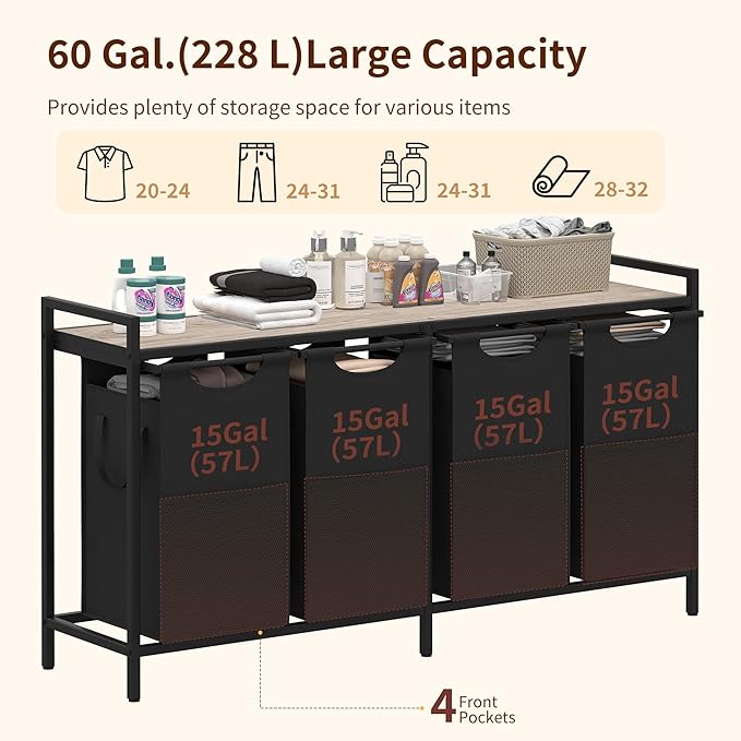 Heybly Laundry Hampers, 4 × 15Gal (228 L) Laundry Basket with Large Desktop Sorter for Laundry Room organization, Bathroom and Dorm Laundry Bags on Storage Shelf, Greige HLH004SG