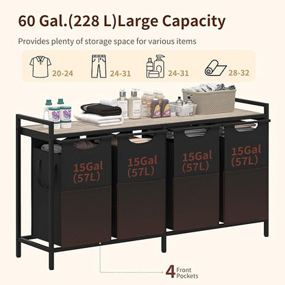 Heybly Laundry Hampers, 4 × 15Gal (228 L) Laundry Basket with Large Desktop Sorter for Laundry Room organization, Bathroom and Dorm Laundry Bags on Storage Shelf, Greige HLH004SG
