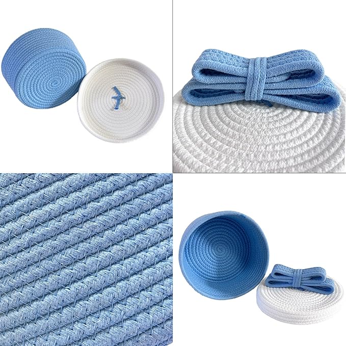 Cute Storage Baskets with Lids, Small Round Woven Rope Basket with Lid, Small Toy Box for Kids or Cat, Cute Basket for Gift, Decorative Basket with Chic Bow Handle, Blue