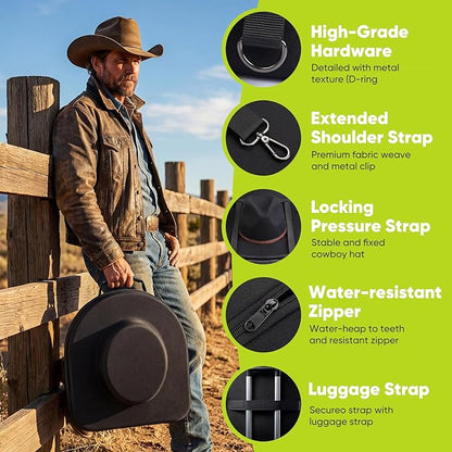 Cowboy Hat Travel Case, Hard-Shell Crushproof Box w/Adjustable Strap, Large Carrier Fits 1–3 Cowboy/Fedora/Panama Hats, Magnetic Closure, Pocket, Black
