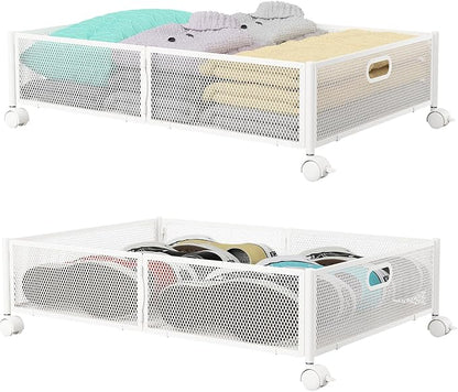 PHINOX Under Bed Storage with wheels, Under the Bed Storage Containers,Upgrade Crossed Iron Wire, Metal Rolling Underbed Storage Containers for Bedroom Clothes Shoes Blankets-2 Pack,White