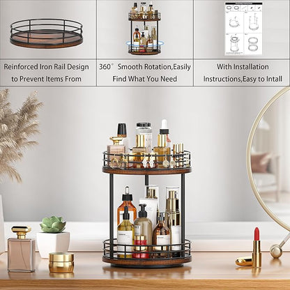 2-Tier Rotating Bathroom Countertop Organizer, Wooden Makeup Vanity Storage, Multifunctional Lazy Susan Turntable for Skincare, Perfume and Cosmetics (Brown)