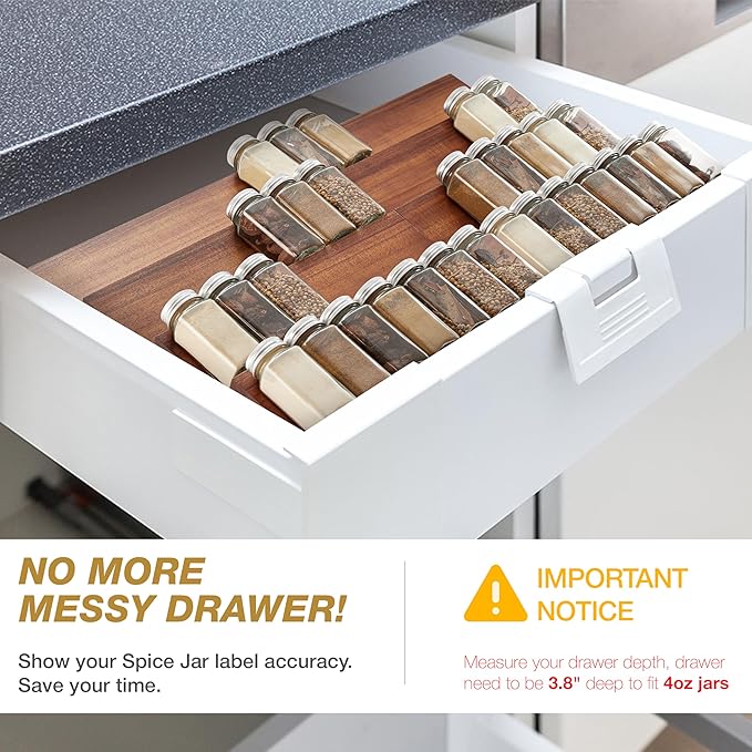 Tinamo Acacia Wooden Spice Rack Organizer for Cabinet - Spice Drawer Insert, Spice Organization for Cabinet, Seasoning Organizer, 4-Tier Spice Jar Rack for Drawer, Spice Holder Pack of 8 (64 Jars)