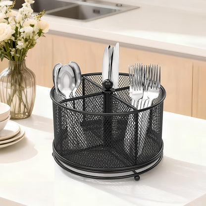 360° Rotating Metal Utensil Caddy, 4 Compartment Silverware Cutlery Holder, Effortless Access Fork Spoon, Silverware Holder for Party Countertop Buffet Picnic Camping Outdoor (Black)