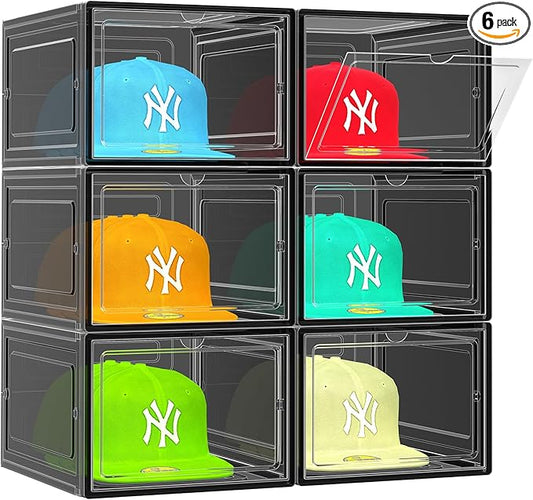 SCAVATA 6 Pack Hat Organizer Box, Stackable Clear Baseball Caps Holder Box Containers with Magnetic Door for Hats Snapback Cap Storag, Hat Rack Display Case, Holds 8 Hats Each (Black)
