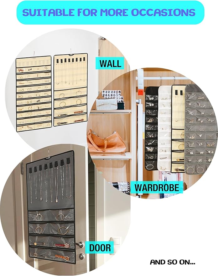ONEPEACE Hanging Jewelry Organizer: Necklace & Earring Holder with Pockets for Closet, Wall or Door (Beige)