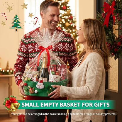 ShellKingdom Storage Basket with Handles, Empty Gift Basket with Gift Bags and Ribbon for Christmas, Small Woven Baskets for Home, Nursery Storage Organizer, 12 X 8 X 5 INCH, Christmas Green
