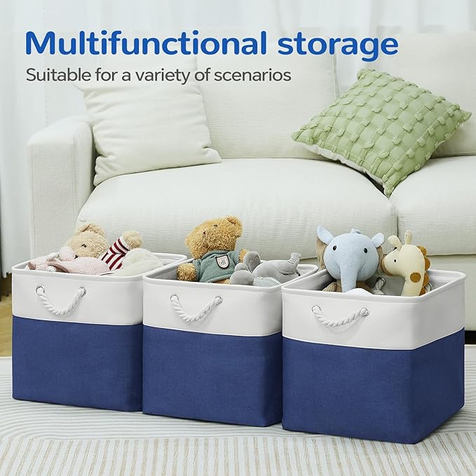 13 x 13 Inch Cube Storage Bins, 6 Pack Fabric Storage Basket with Handles, Foldable Boxes Organizer for Shelf Baskets for Home, Clothes (White/Blue)