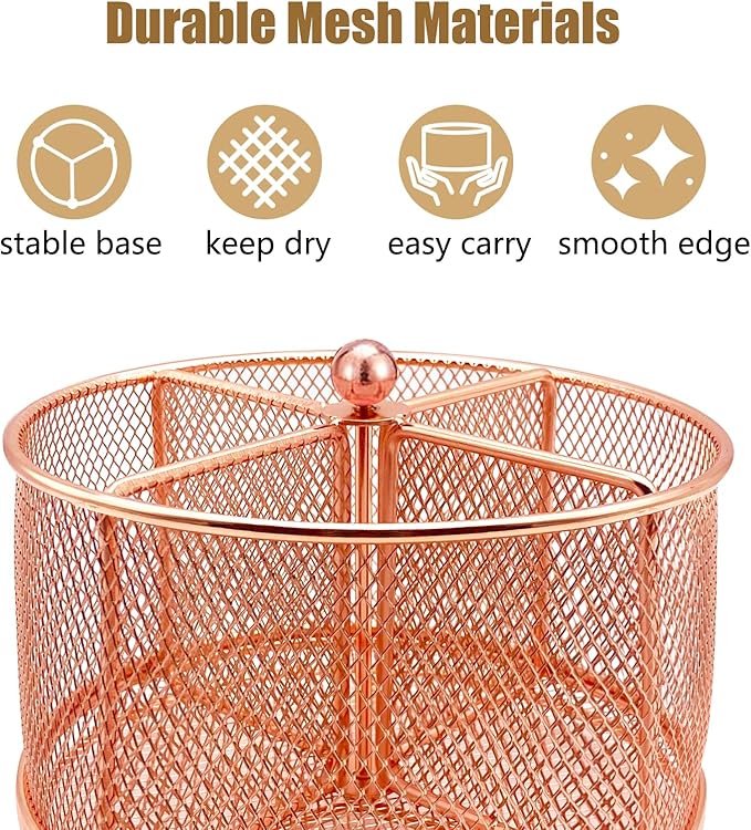DysanVica 360 Rotating Metal Utensil Caddy - 4 Compartment Silverware Cutlery Holder Fork Spoon Napkin Organizer Flatware Storage Basket Party Countertop Buffet Picnic Camping Outdoor Rose Gold Pink