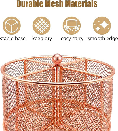 DysanVica 360 Rotating Metal Utensil Caddy - 4 Compartment Silverware Cutlery Holder Fork Spoon Napkin Organizer Flatware Storage Basket Party Countertop Buffet Picnic Camping Outdoor Rose Gold Pink