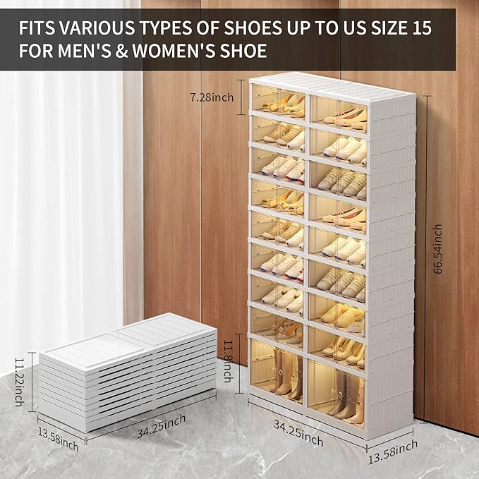 CIMLORD 9-Tier Foldable Shoe Rack Organizer for Closet,36Pairs Collapsible Plastic Shoe Shelf,Large Shoes Cabinet with Door,Clear Stackable Storage Box Easy Assembly