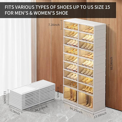 CIMLORD 9-Tier Foldable Shoe Rack Organizer for Closet,36Pairs Collapsible Plastic Shoe Shelf,Large Shoes Cabinet with Door,Clear Stackable Storage Box Easy Assembly