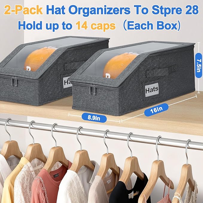 2 PCS Stackable Hat Storage for Baseball Caps with Clear Window Lid，Holds up to 28 Caps Hat Organizer Boxes for Closet，Sturdy Snapback Baseball Cap Organizer for Closet Shelf Use (Deep Grey)