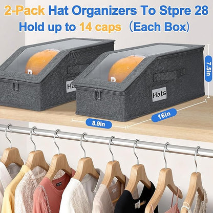 2 PCS Stackable Hat Storage for Baseball Caps with Clear Window Lid，Holds up to 28 Caps Hat Organizer Boxes for Closet，Sturdy Snapback Baseball Cap Organizer for Closet Shelf Use (Deep Grey)