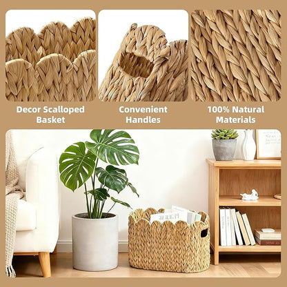 Toilet Paper Basket, 2 Packs Toilet Paper Storage Basket, Hand-Woven Wicker Bathroom Basket Organizer and Storage, Natural Water Hyacinth Slim Scalloped Basket Magazine Baskets