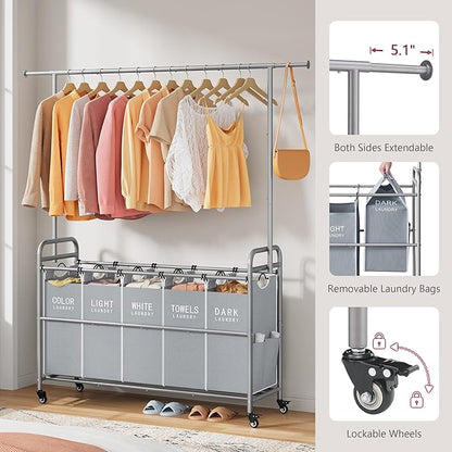 Tajsoon Laundry Hamper with Hanging Rack, 5 Section Laundry Sorter, Rolling Laundry Sorter Cart with Wheels and Hanging bar, Removable Basket Organizer for Bedroom, Bathroom, Grey