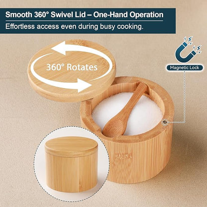 Timtopno Bamboo Salt Cellar, 2 PCS Salt Container with Built-in Spoon, Salt Box Bowl with Magnetic Swivel Lid, Elegant Kitchen Salt Holder Saver Jar to Storage Pepper Spice Sea Salt for Countertop