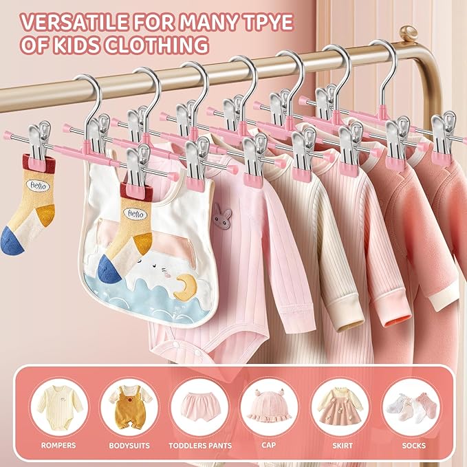 HUADYMEET 30 Pack Baby Pants Skirt Hangers,Non-Slip Space Saving Clothes Hangers with Clips for Kids,Children,Toddler,Jeans Trousers Shorts Metal Hanger for Closet Organization,Women,Men,10inch(Pink)