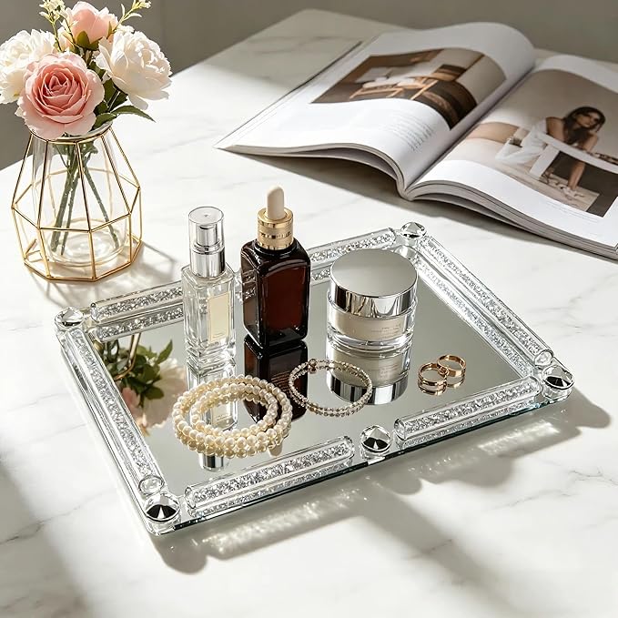 Crystal Glass Tray, 11.8" x 7.9" Crushed Diamond Silver Mirror Perfume Makeup Display Tray, Noble Jewelry Trinket Vanity Trays, Ornate Rectangular Cosmetics Dresser Decoration for Home Decor