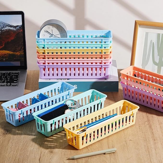 Domensi 12 Pack Slim Plastic Storage Baskets Tray for Organizing 10.25x3.25x2.5 Inch Small Narrow Storage Bins Stackable Drawer Pencil Trays Holder for Desk Garage Cabinet Container (Vivid Colors)