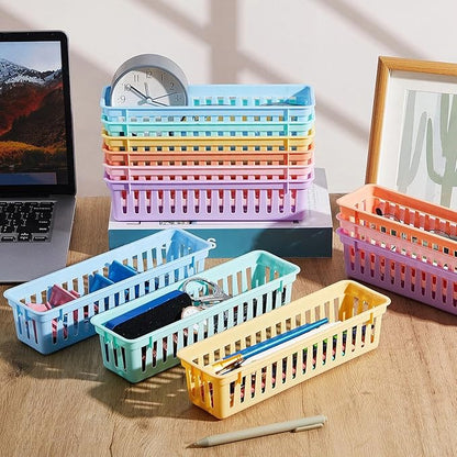 Domensi 12 Pack Slim Plastic Storage Baskets Tray for Organizing 10.25x3.25x2.5 Inch Small Narrow Storage Bins Stackable Drawer Pencil Trays Holder for Desk Garage Cabinet Container (Vivid Colors)