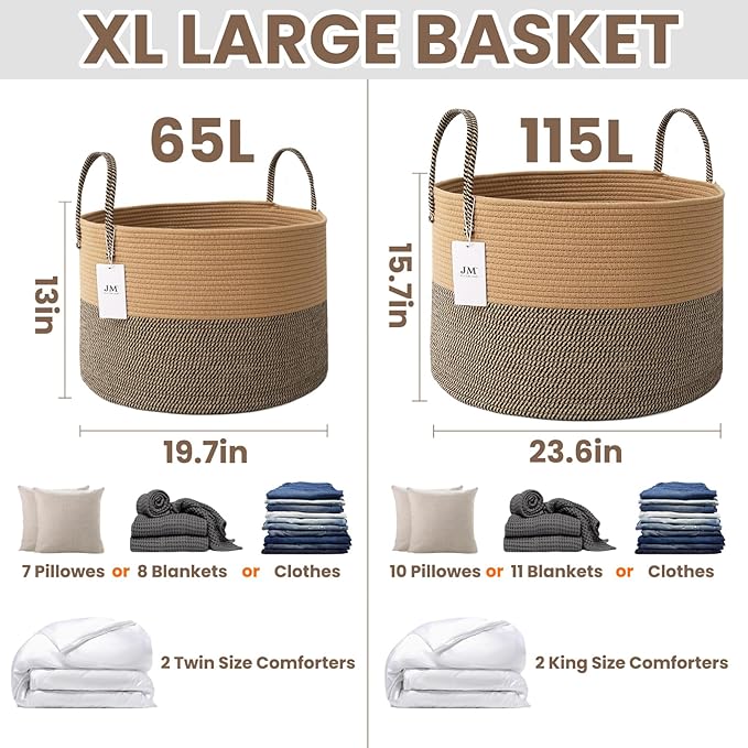 JMvicyroam 115L Extra Large Blanket Basket for Living Room - Woven Cotton Rope Laundry Hamper with Reinforced Handles - Storage Bin for Pillows, Comforters & Toys - Machine Washable,Jute&Black