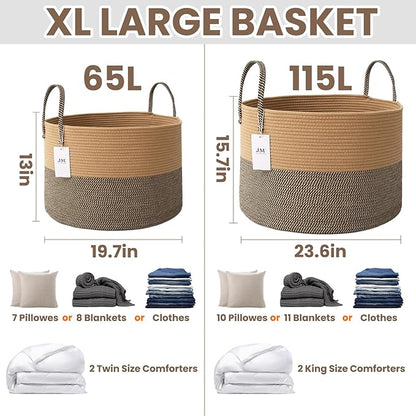 JMvicyroam 115L Extra Large Blanket Basket for Living Room - Woven Cotton Rope Laundry Hamper with Reinforced Handles - Storage Bin for Pillows, Comforters & Toys - Machine Washable,Jute&Black