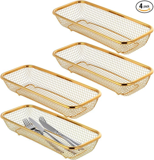 Golden Utensil Holder Wire Basket, 4 Pcs Stainless Steel Dishwasher Baskets, Gold Kitchen Organizers for Pantry, Drawer Bins, Stackable Wire Design, Rustproof Utensil Holder, 12.2×4.96×2.13inch