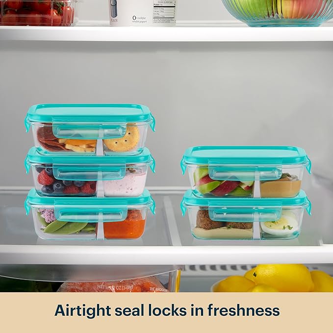 Pyrex Glass MealBox (5-Pack, 2.3 Cup) Divided Compartments with Locking Lids, For Meal Prepping and Portioning, BPA Free Microwave Dishwasher Safe