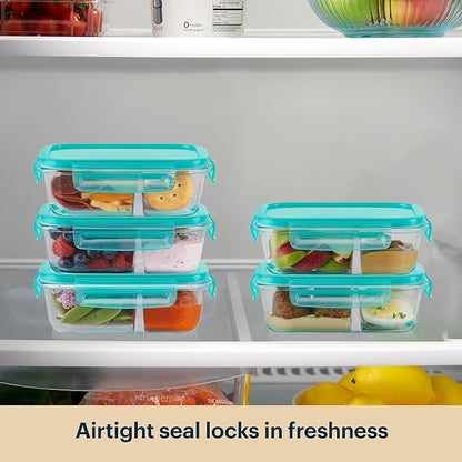 Pyrex Glass MealBox (5-Pack, 2.3 Cup) Divided Compartments with Locking Lids, For Meal Prepping and Portioning, BPA Free Microwave Dishwasher Safe