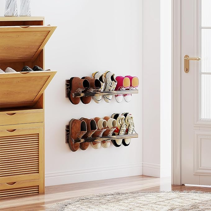 Nisorpa 2 Pcs Wall Mounted Shoe Rack Rustic Burnt Wood, Wall Hanging Shoe Rack Mounted, Shoes Storage Organizer Footwear Holder for Entryways Closet Mudroom Hallways, 30 Inch, Holds 3 Pairs