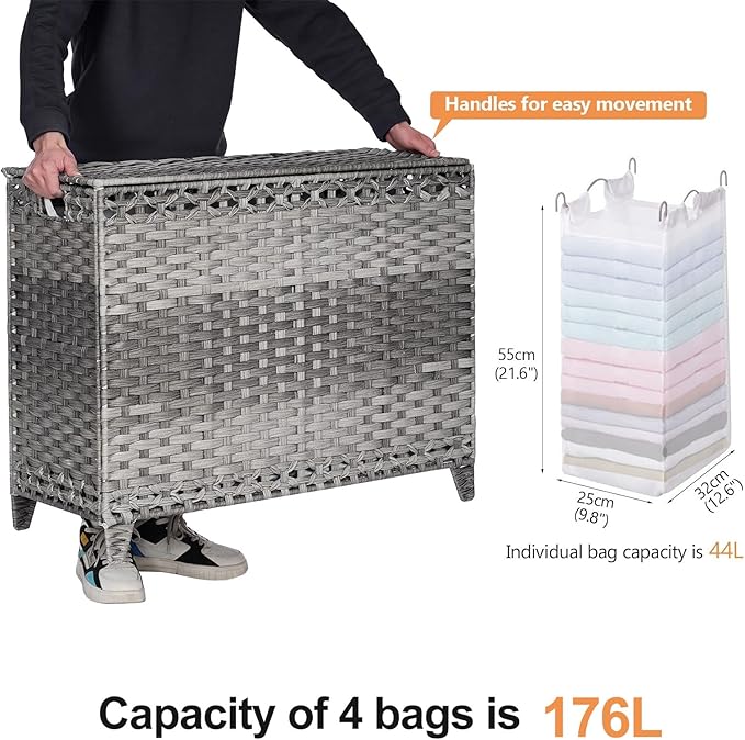 Laundry Hamper with 4 Removable Liner Bags; 176L Handwoven Rattan Laundry Basket with Lid & Heightened Feet; Clothes Hamper with Side Handles