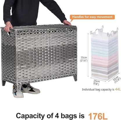 Laundry Hamper with 4 Removable Liner Bags; 176L Handwoven Rattan Laundry Basket with Lid & Heightened Feet; Clothes Hamper with Side Handles