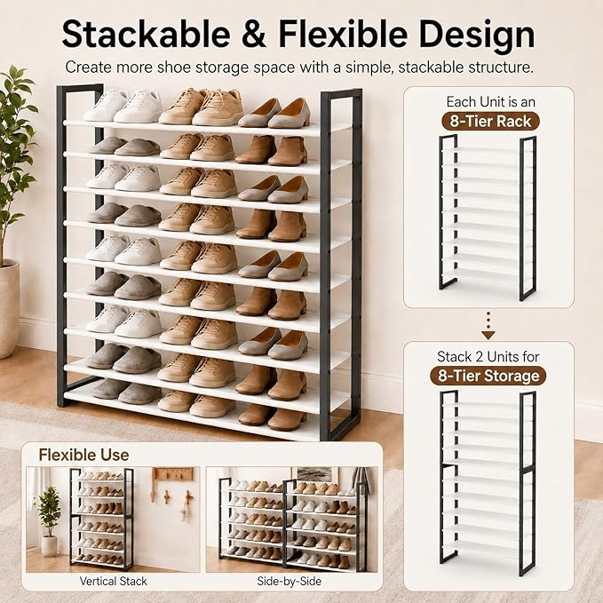 8-Tier Tall Shoe Rack, Stackable Zero-Wobble Metal Frame with Screw-Fastened Joints, 11.8" Deep Heel-Friendly Non-Woven Shelves, Space-Saving Shoe Tower for Closet Entryway Bedroom