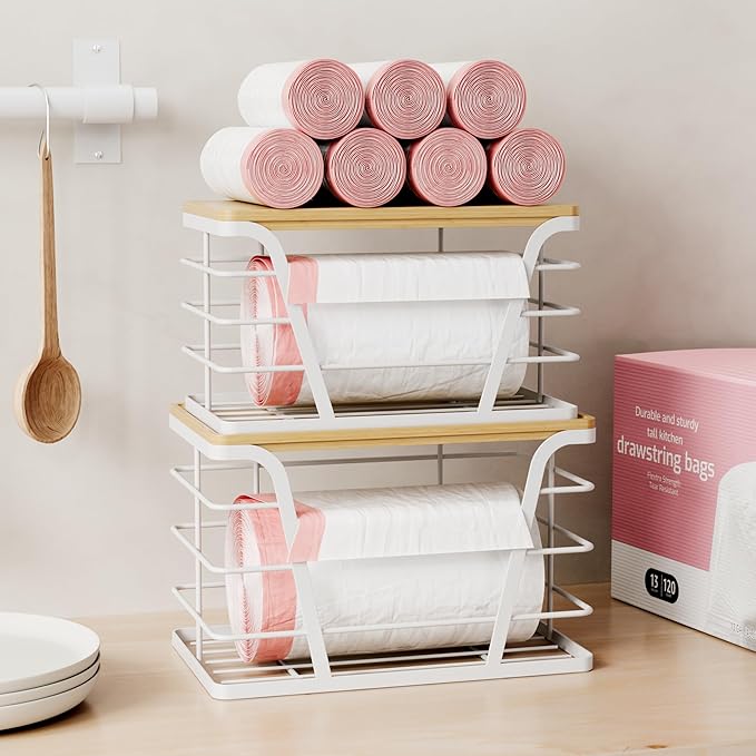 TIDIIABODE 2 Pack Stackable Laundry Room Organization and Storage, Laundry Room Decor and Accessories, Trash Bag Holder with Bamboo Top and Garbage Bag Dispenser, White