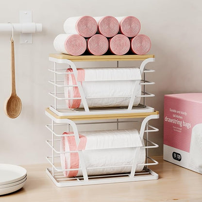 TIDIIABODE 2 Pack Stackable Laundry Room Organization and Storage, Laundry Room Decor and Accessories, Trash Bag Holder with Bamboo Top and Garbage Bag Dispenser, White