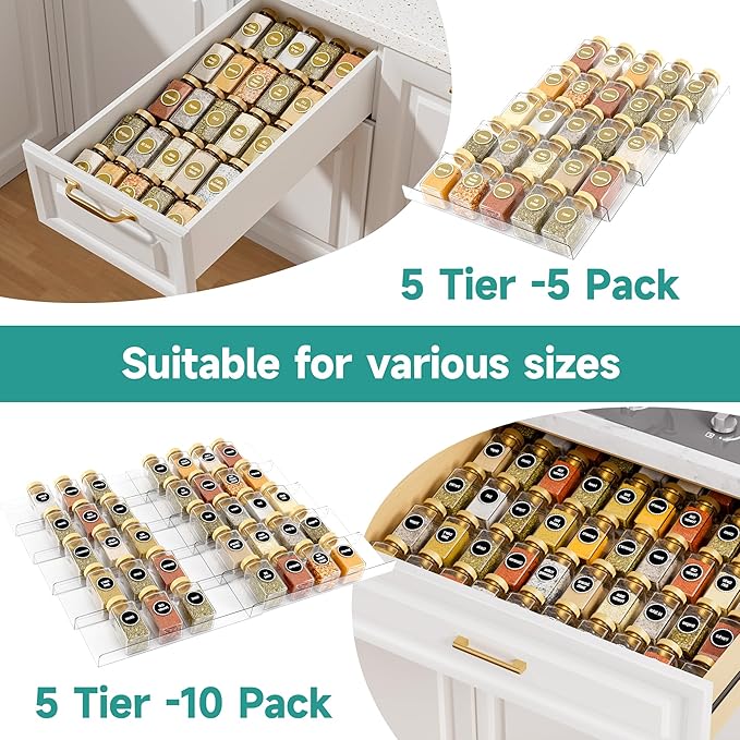 MIUKAA Acrylic Spice Drawer Organizer, 5 Tier - 10 Pack Seasoning Organizer for Drawer, Expandable From 13" to 26" Kitchen Drawer Spice Rack (Jars not Included)