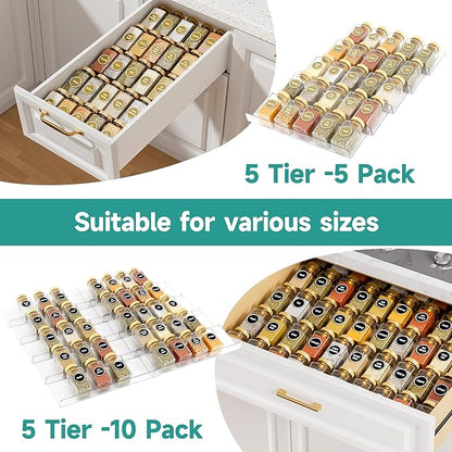 MIUKAA Acrylic Spice Drawer Organizer, 5 Tier - 10 Pack Seasoning Organizer for Drawer, Expandable From 13" to 26" Kitchen Drawer Spice Rack (Jars not Included)