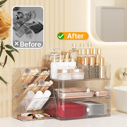 3 Tier Makeup Organizer for Vanity with Brush Holder Countertop Organizer with 2 Drawers Clear Makeup Storage for Brushes, Lipsticks, Face Mask Skin Care Storage Solution for Women & Teens
