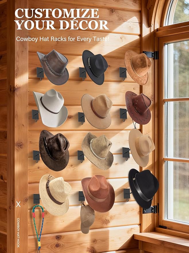 Cinati Cowboy Hat Rack for Wall 12 Pack, Cowboy Hat Holder Wall Mount, Western Rustic Metal Hats Hanger Hooks Organizer for Fedora,Sun Hats,Wide Brim, Extra Hooks for Baseball Caps,Western Room Decor